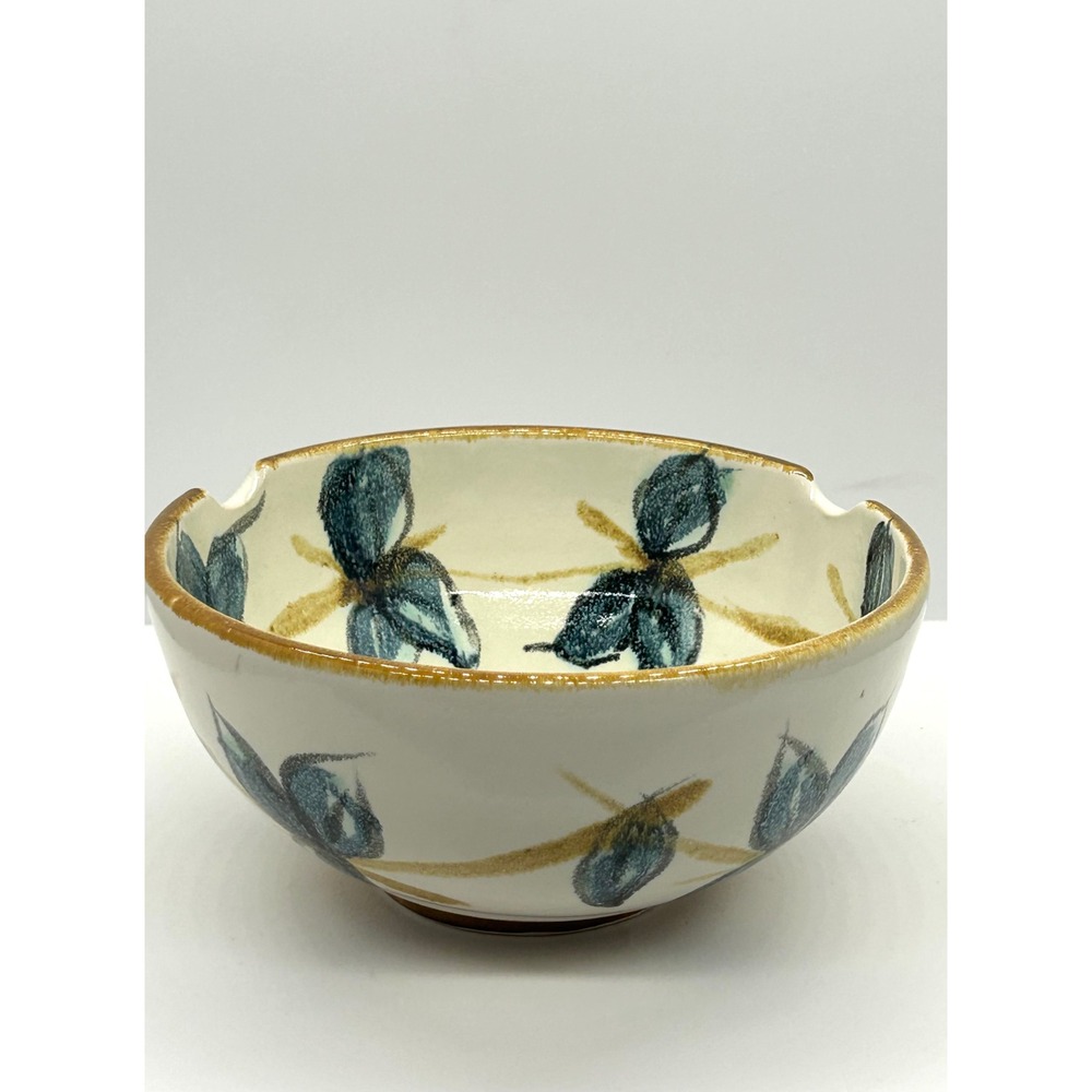 Longhorn Pottery Studio Ceramic Bowl Hand Painted Blue Floral Notched Rim Signed